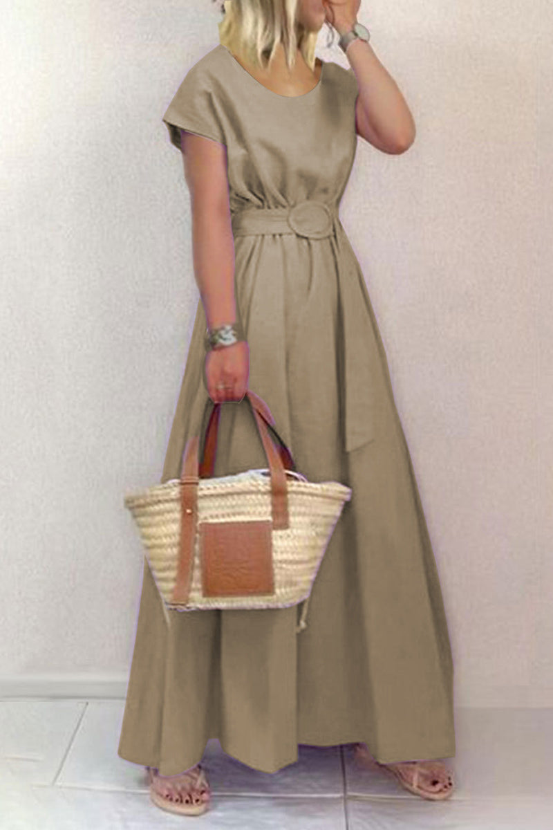 Maxi šaty s kulatým výstřihem, jednobarevné, velké swing pas