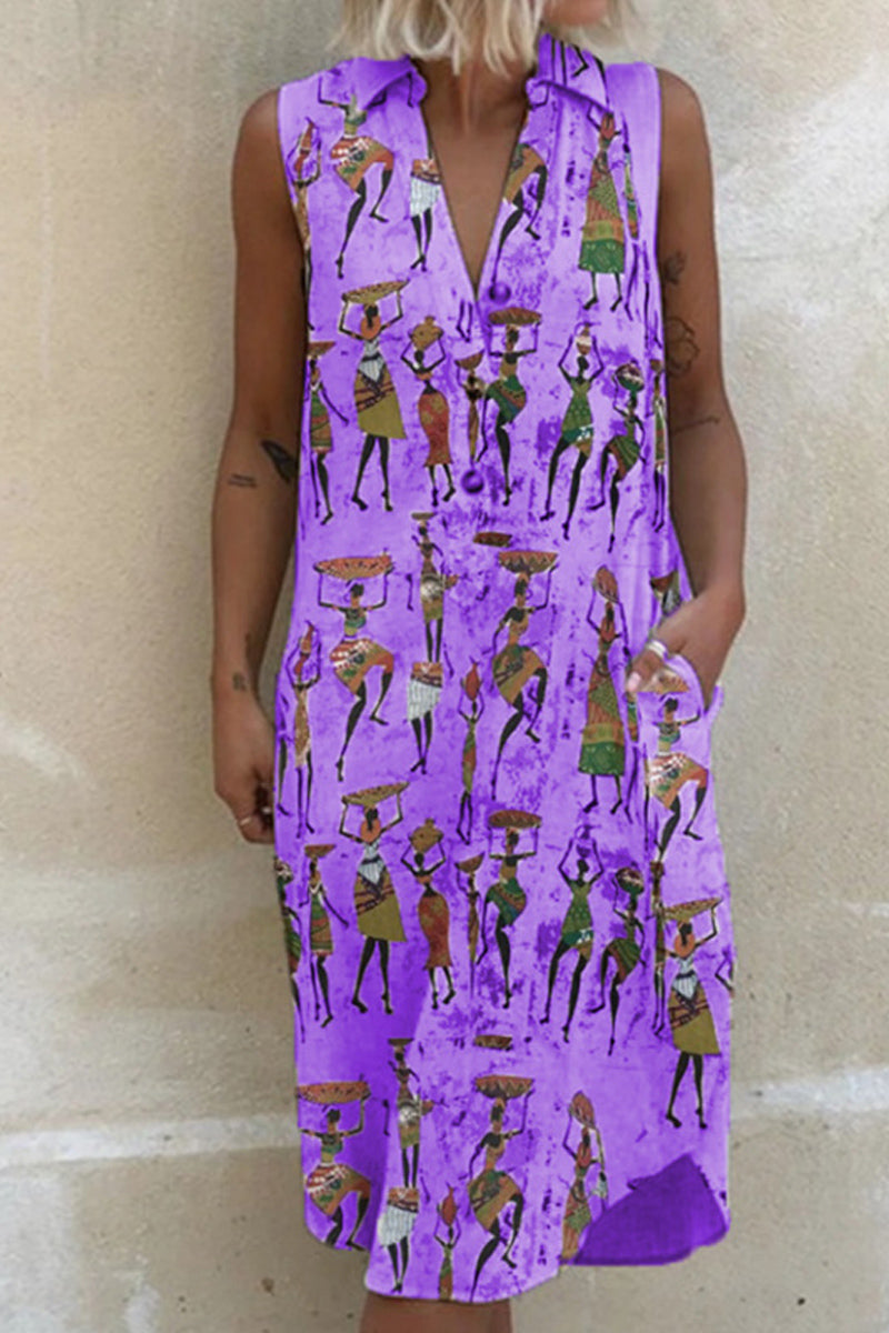 Dámské midi šaty s volným potiskem na klopě bez rukávů