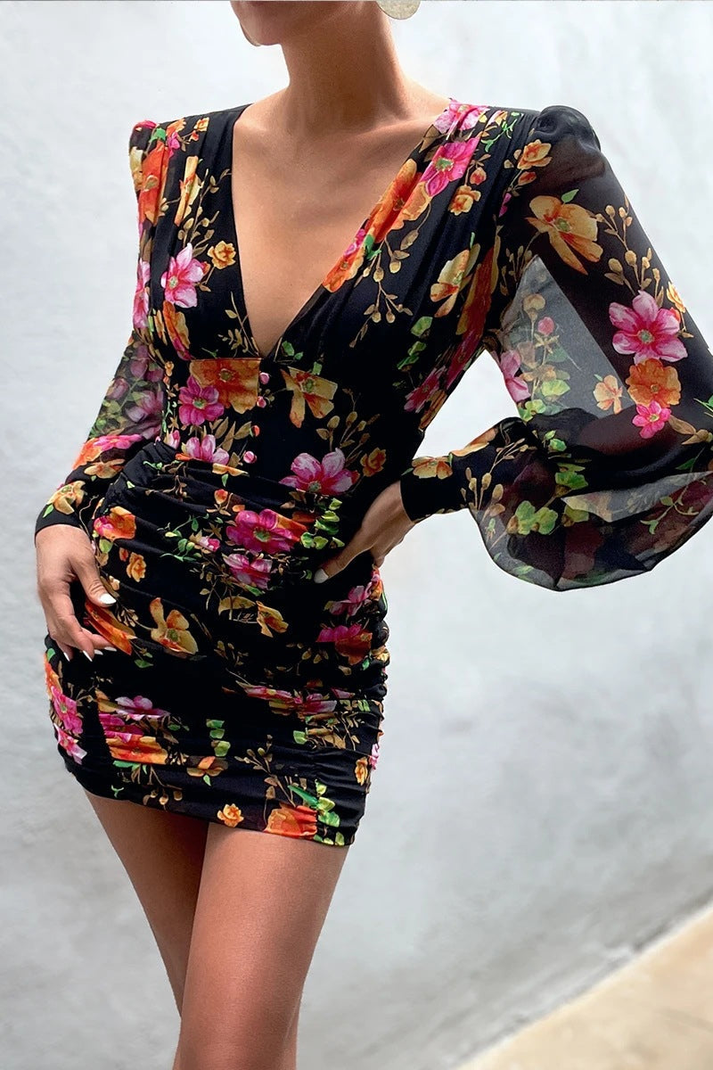 Dámské zavinovací šaty s dlouhým rukávem a výstřihem do V s potiskem