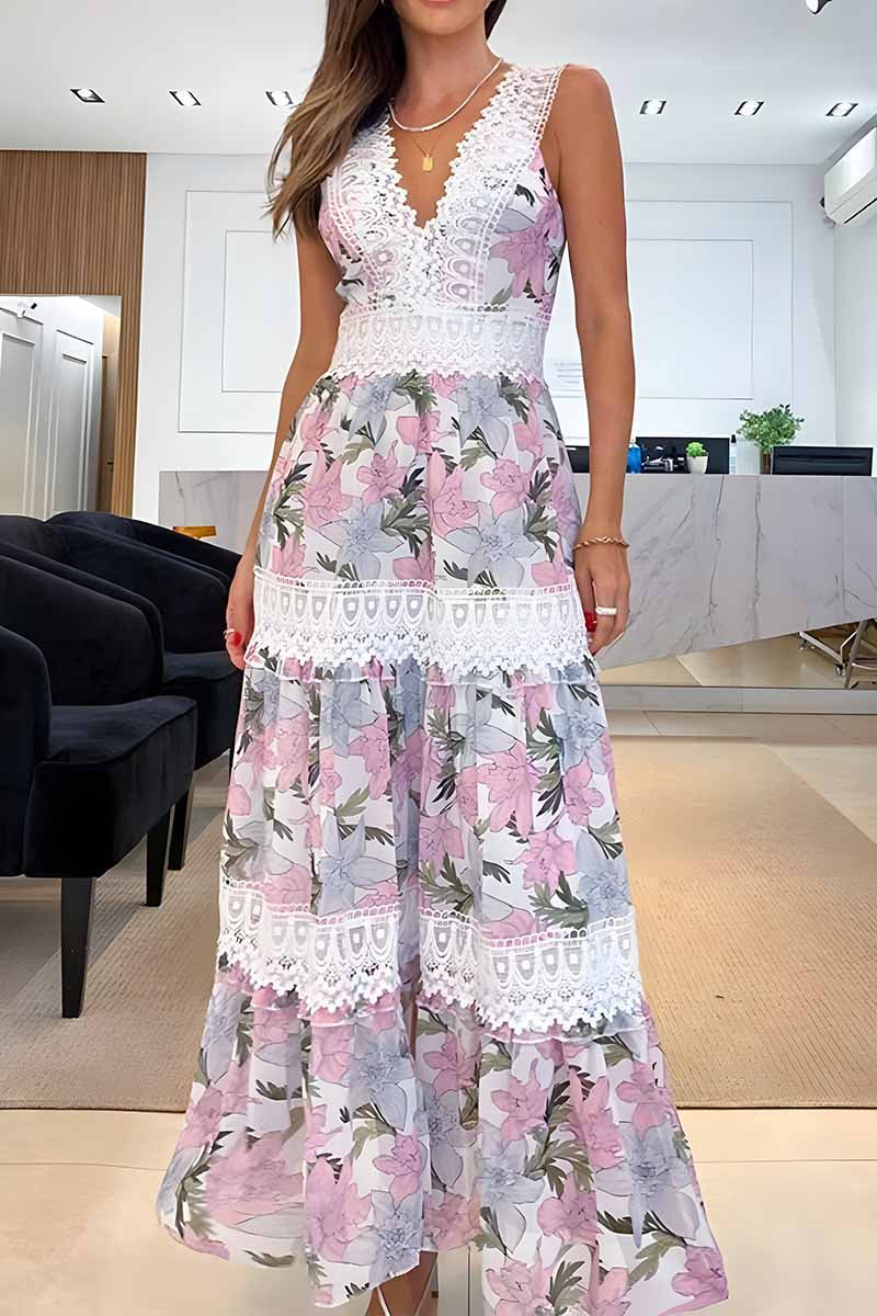Dámské maxi šaty s krajkovým květinovým potiskem s výstřihem do V bez rukávů
