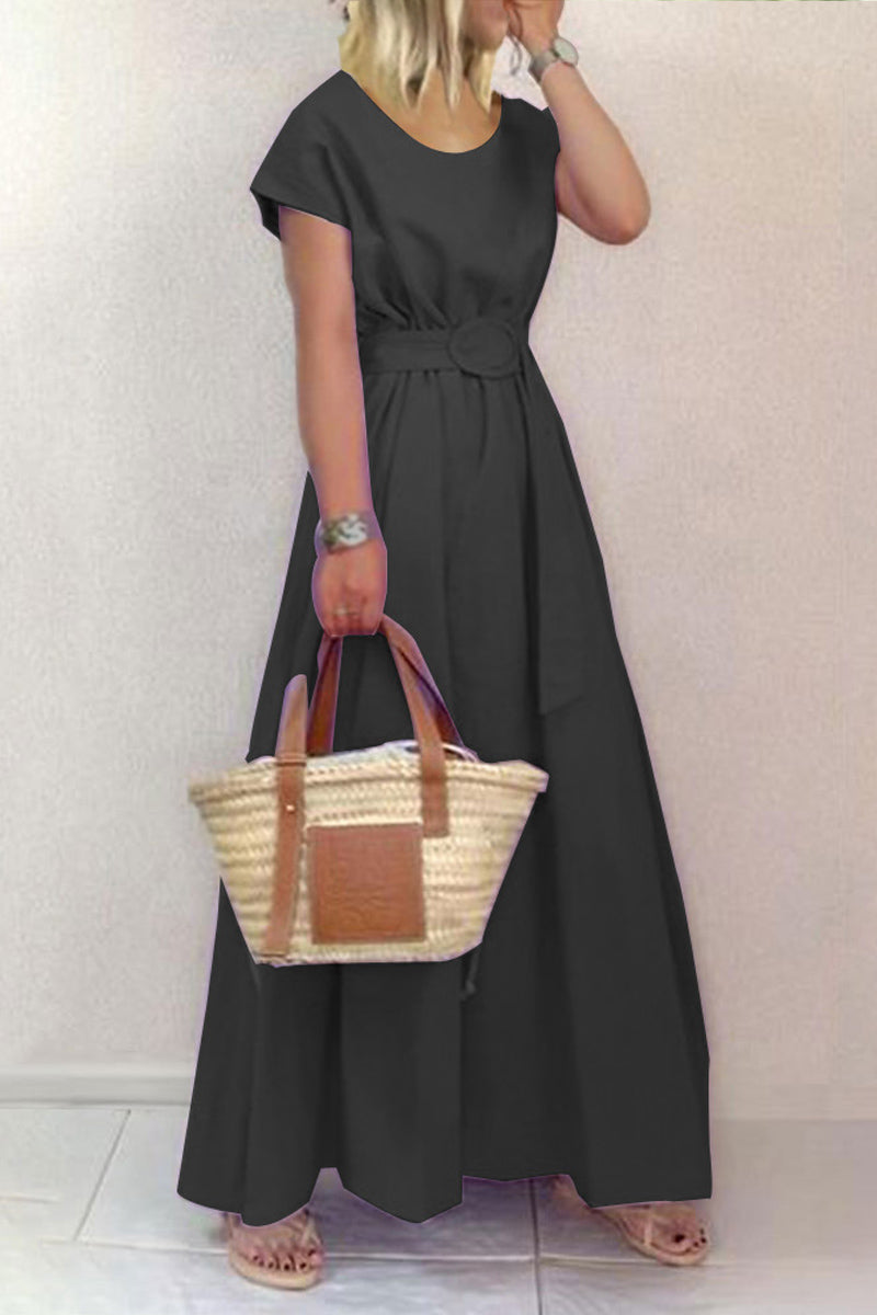 Maxi šaty s kulatým výstřihem, jednobarevné, velké swing pas