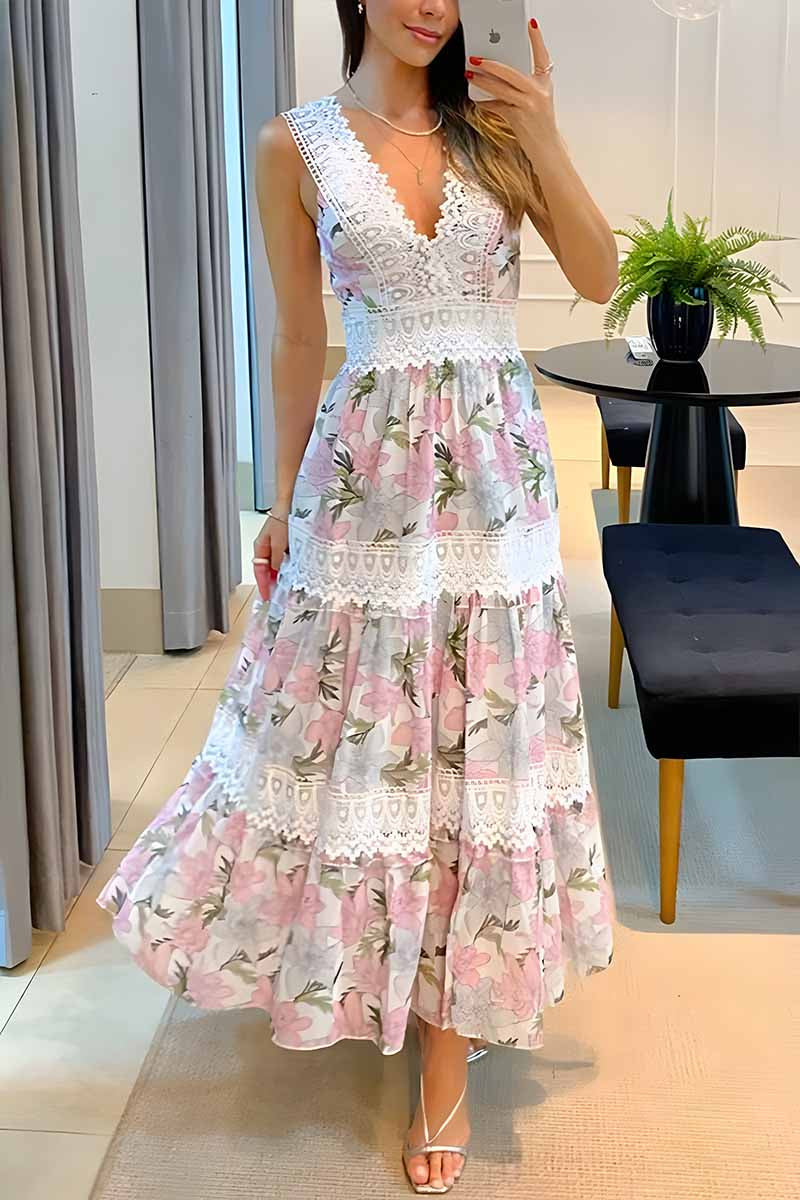 Dámské maxi šaty s krajkovým květinovým potiskem s výstřihem do V bez rukávů