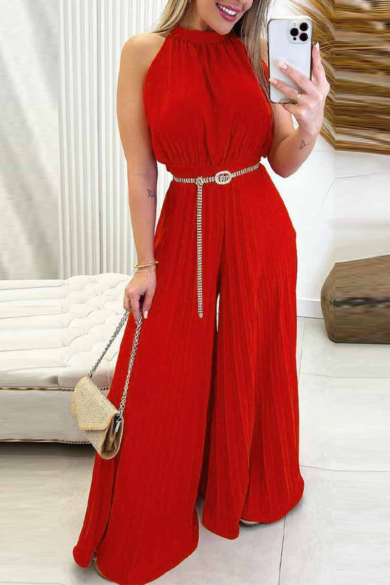 Dámský módní lisovaný skládaný overal se širokými nohavicemi bez rukávů