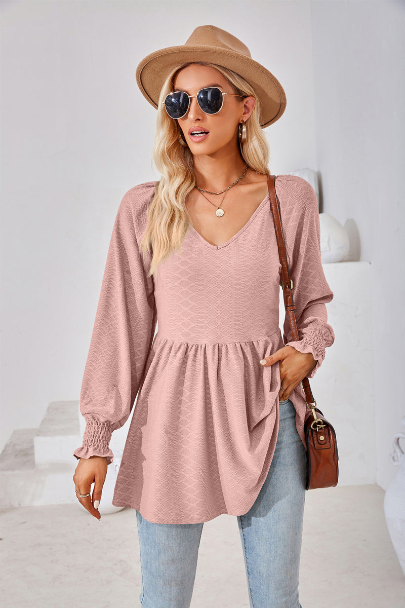 Dámský jednobarevný žakárový top s výstřihem do V s prošíváním