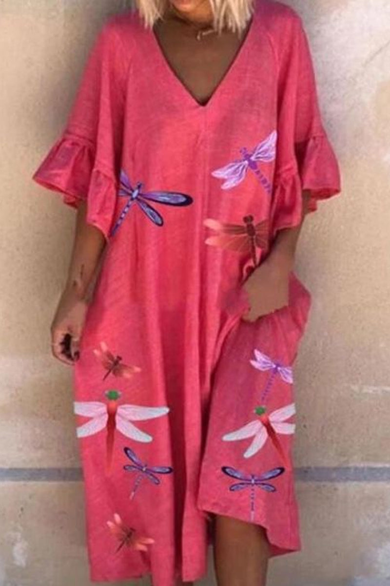 Dámské neformální šaty s potištěnými V volánovými rukávy